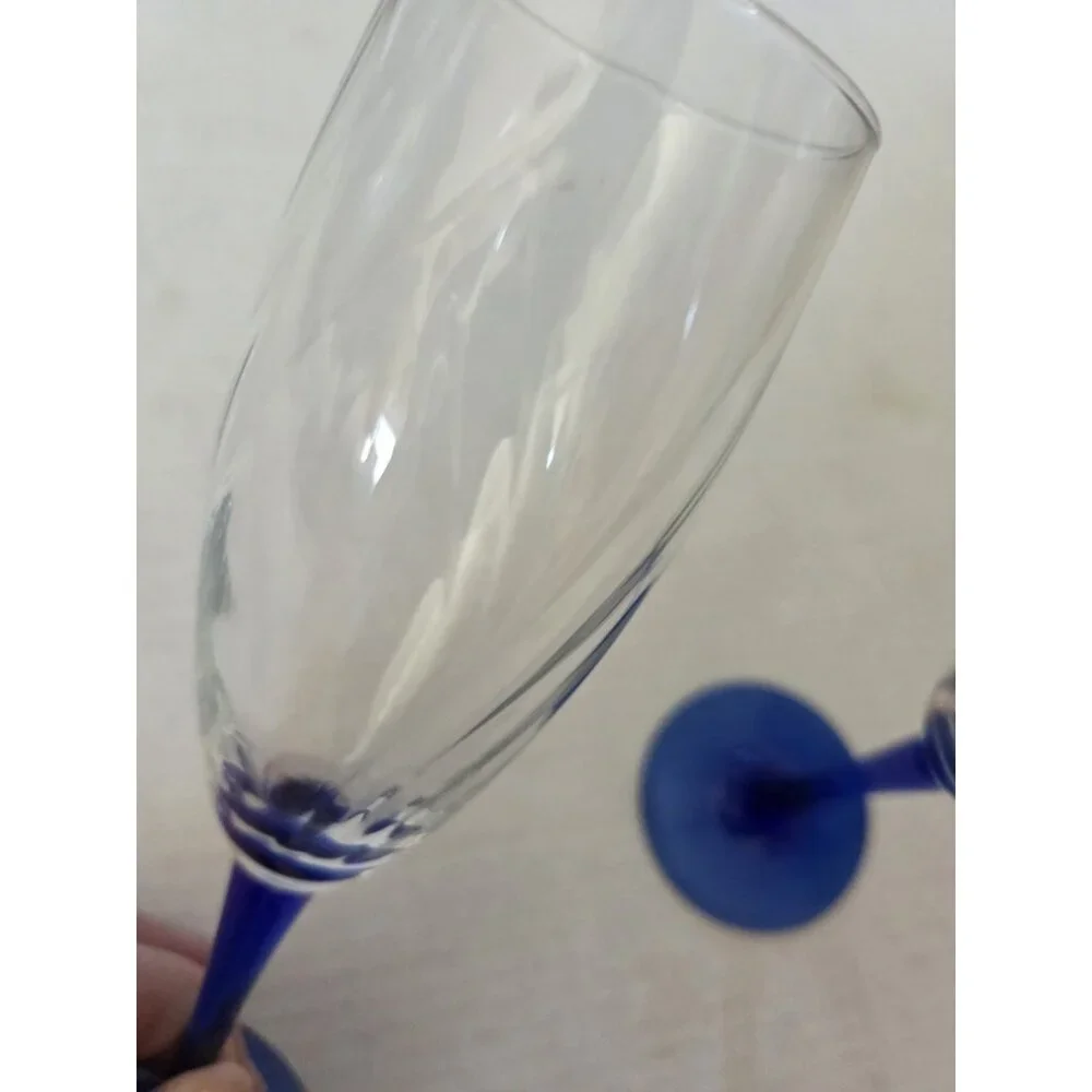 Vintage Cobalt Blue Stem Champagne Flute Wine‎ Glasses 8.25